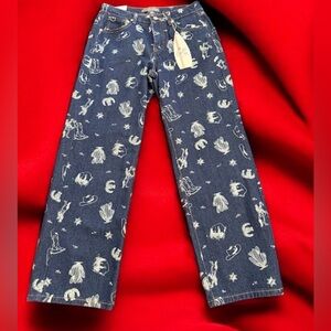 Cali 1850 Women's Wide Leg Mid Rise Western Print Blue Denim Jean Size 11/30 NWT